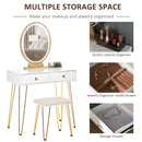 Makeup Vanity Table Set With Round Mirror, 3 Color LED Light, Dressing Desk With 2 Drawers And Cushioned Stool For Bedroom, White & Gold