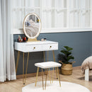 Makeup Vanity Table Set With Round Mirror, 3 Color LED Light, Dressing Desk With 2 Drawers And Cushioned Stool For Bedroom, White & Gold