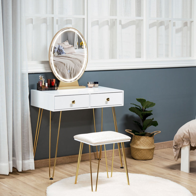 Makeup Vanity Table Set with Round Mirror, 3 Color LED Light, Dressing Desk with 2 Drawers and Cushioned Stool for Bedroom, White With Mirror &