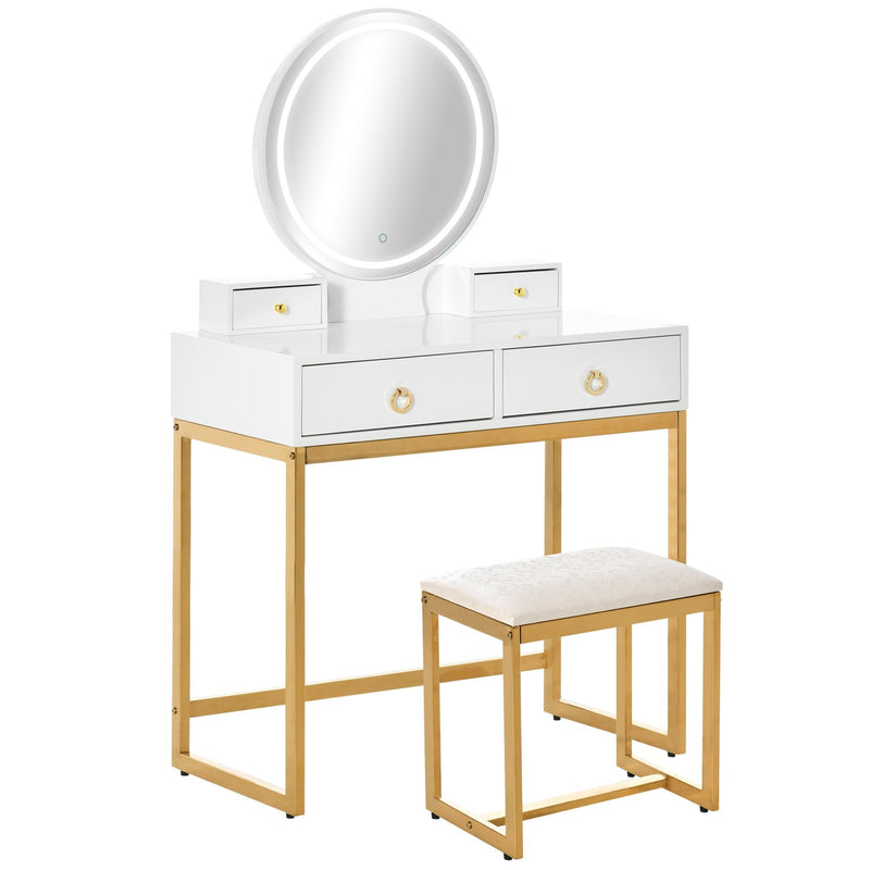 Makeup Vanity Table Set with 3-Color Touch Screen Dimmable Lighted Mirror, Dressing Desk with 4 Drawers and Cushioned Stool for Bedroom, White With Mirror &