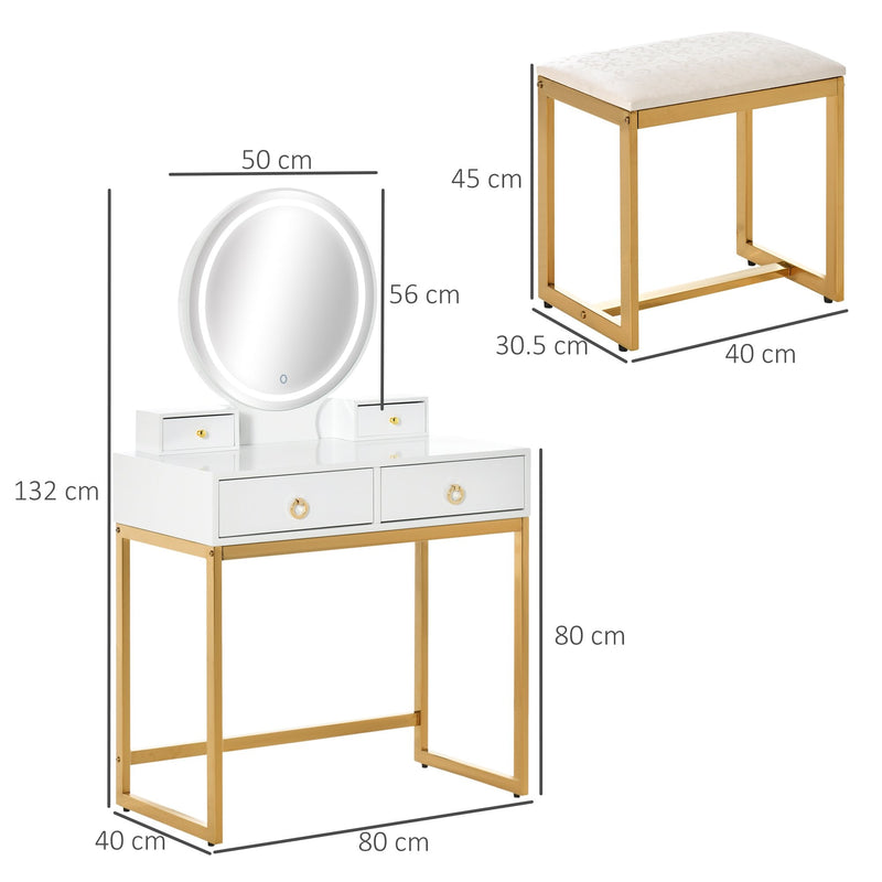 Makeup Vanity Table Set with 3-Color Touch Screen Dimmable Lighted Mirror, Dressing Desk with 4 Drawers and Cushioned Stool for Bedroom, White With Mirror &