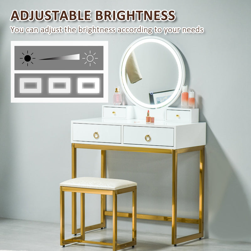 Makeup Vanity Table Set with 3-Color Touch Screen Dimmable Lighted Mirror, Dressing Desk with 4 Drawers and Cushioned Stool for Bedroom, White With Mirror &