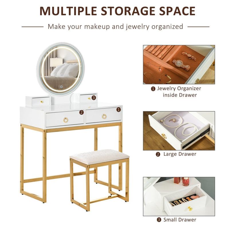Makeup Vanity Table Set with 3-Color Touch Screen Dimmable Lighted Mirror, Dressing Desk with 4 Drawers and Cushioned Stool for Bedroom, White With Mirror &