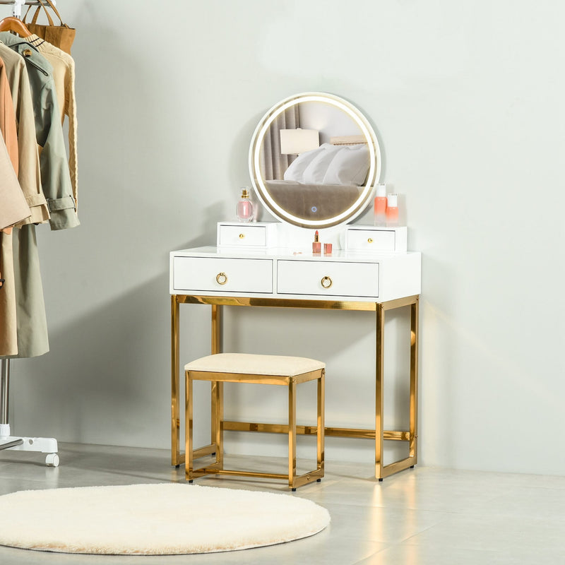 Makeup Vanity Table Set with 3-Color Touch Screen Dimmable Lighted Mirror, Dressing Desk with 4 Drawers and Cushioned Stool for Bedroom, White With Mirror &