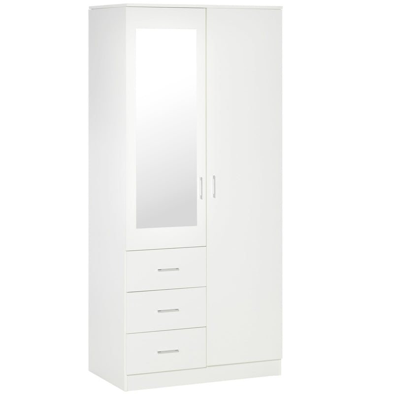 Modern Mirror Wardrobe 2 Door Storage Cupboards Home Storage Organisation Furniture With Adjustable Shelf, Hanging Rail And 3 Drawers, 180cm, White For Bedroom