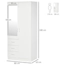 Modern Mirror Wardrobe 2 Door Storage Cupboards Home Storage Organisation Furniture With Adjustable Shelf, Hanging Rail And 3 Drawers, 180cm, White For Bedroom
