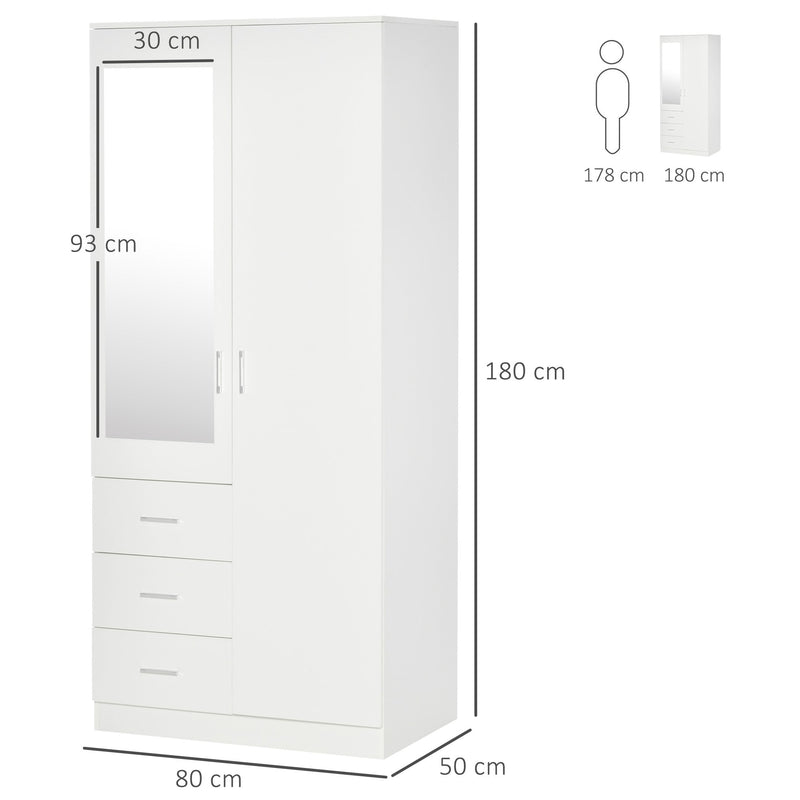 Modern Mirror Wardrobe 2 Door Storage Cupboards Home Storage Organisation Furniture With Adjustable Shelf, Hanging Rail And 3 Drawers, 180cm, White For Bedroom