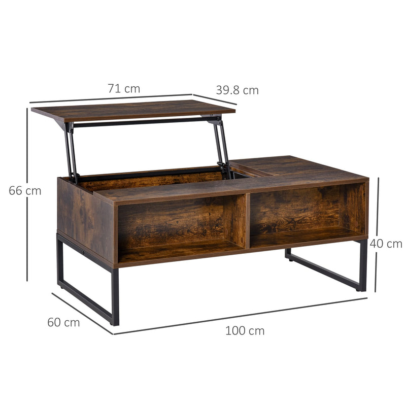 Extendible Coffee Table with Lift Top,  Functional Living Room Table with Hidden Storage Compartment, Drawer, Metal Frame for Home, 100 x 60 x 40 cm, Rustic w/ Top Drawer
