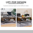 Extendible Coffee Table with Lift Top,  Functional Living Room Table with Hidden Storage Compartment, Drawer, Metal Frame for Home, 100 x 60 x 40 cm, Rustic w/ Top Drawer