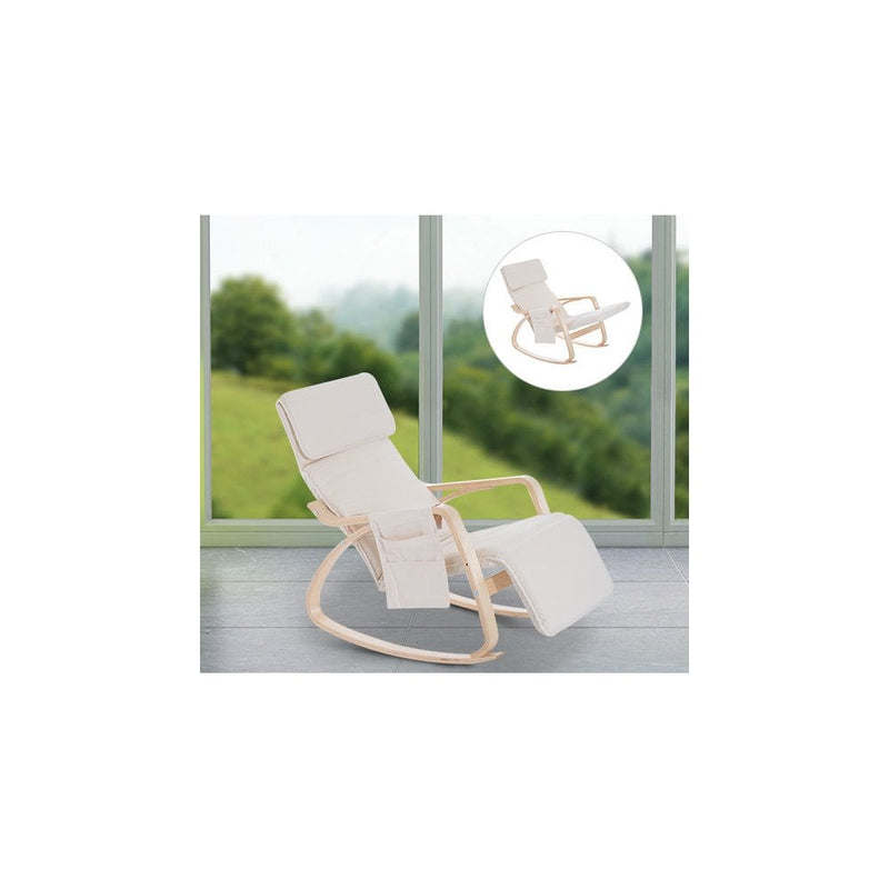 Wooden Rocking Chair With Adjustable Footrest Side Pocket Cushion - Beige