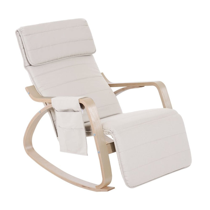 Wooden Rocking Chair With Adjustable Footrest Side Pocket Cushion - Beige
