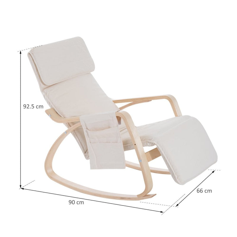 Wooden Rocking Chair With Adjustable Footrest Side Pocket Cushion - Beige