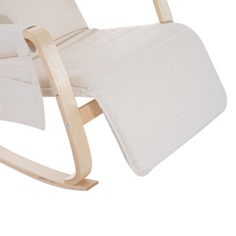 Wooden Rocking Chair With Adjustable Footrest Side Pocket Cushion - Beige