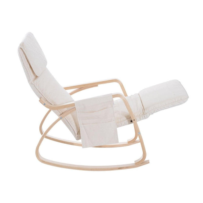 Wooden Rocking Chair With Adjustable Footrest Side Pocket Cushion - Beige