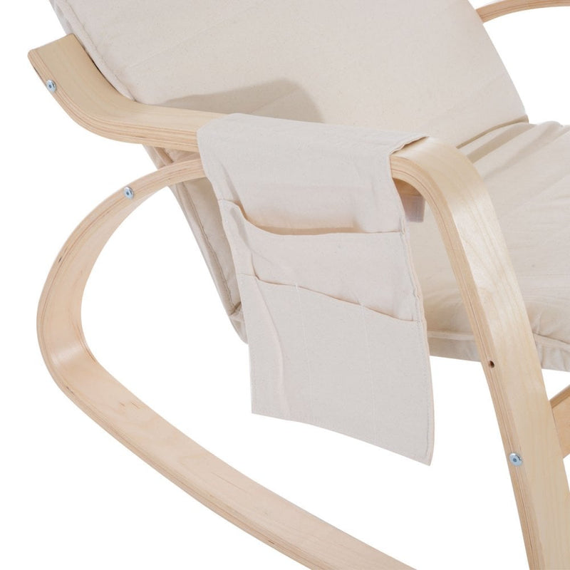 Wooden Rocking Chair With Adjustable Footrest Side Pocket Cushion - Beige