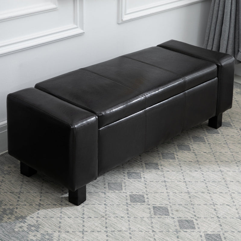 PU Storage Bench Seat Wooden Rectangle Lift Ottoman Entryway Faux Leather Stool - Black