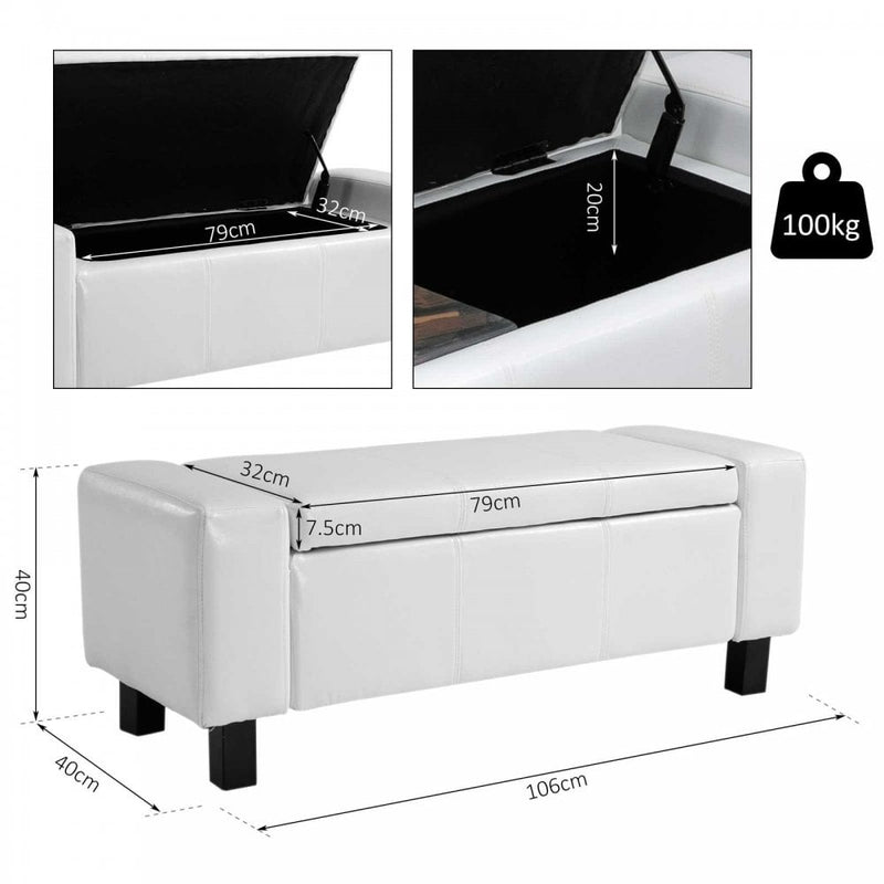 PU Storage Bench Ottoman Chest Faux Leather Stool Seat Bedding Blanket Box With Wooden Frame Window - White