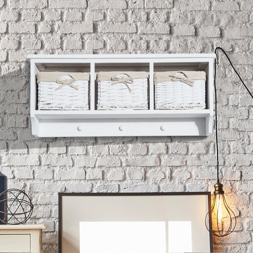 Wall Mounted Coat Hook Storage Unit Entryway Rack Shelf W/3 Wicker Bas