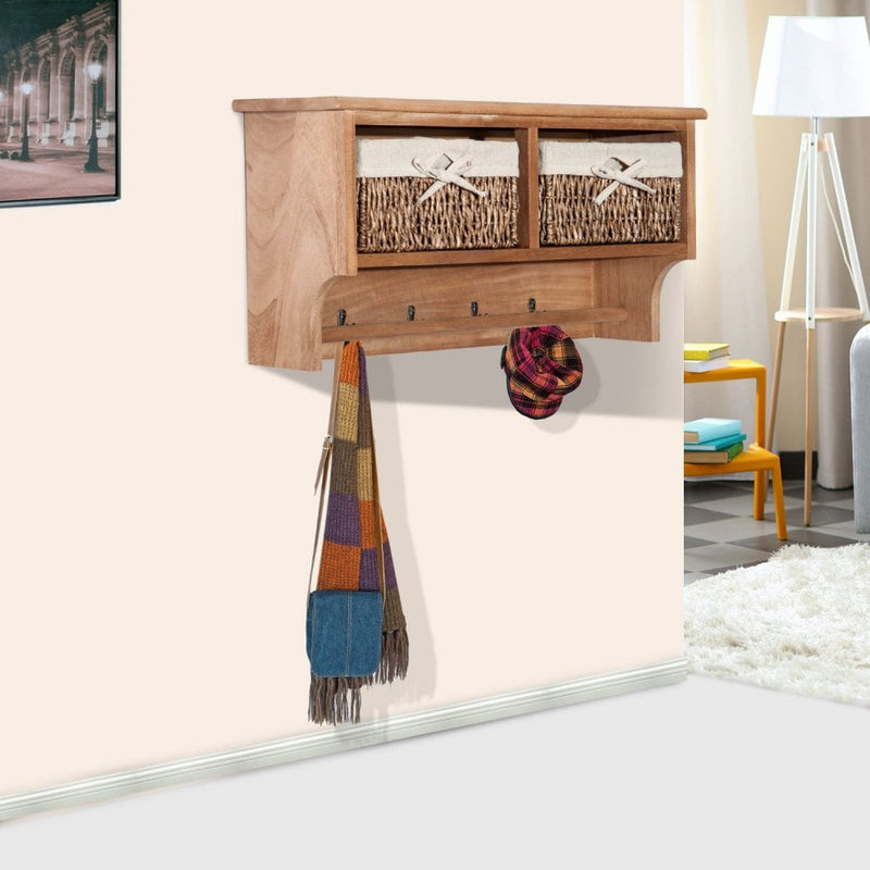 Wall Mounted Coat Hook Storage Unit W/3 Baskets - Brown