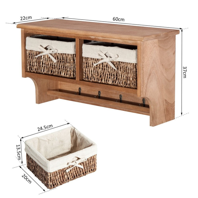 Wall Mounted Coat Hook Storage Unit W/3 Baskets Brown