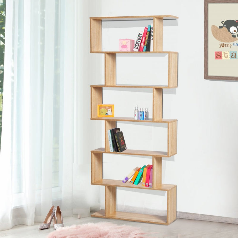 Wooden Wood S Shape Storage Display 6 Shelves Room Divider Unit Chest Bookshelf Bookcase Cupboard Cabinet Home Office Furniture (Oak)