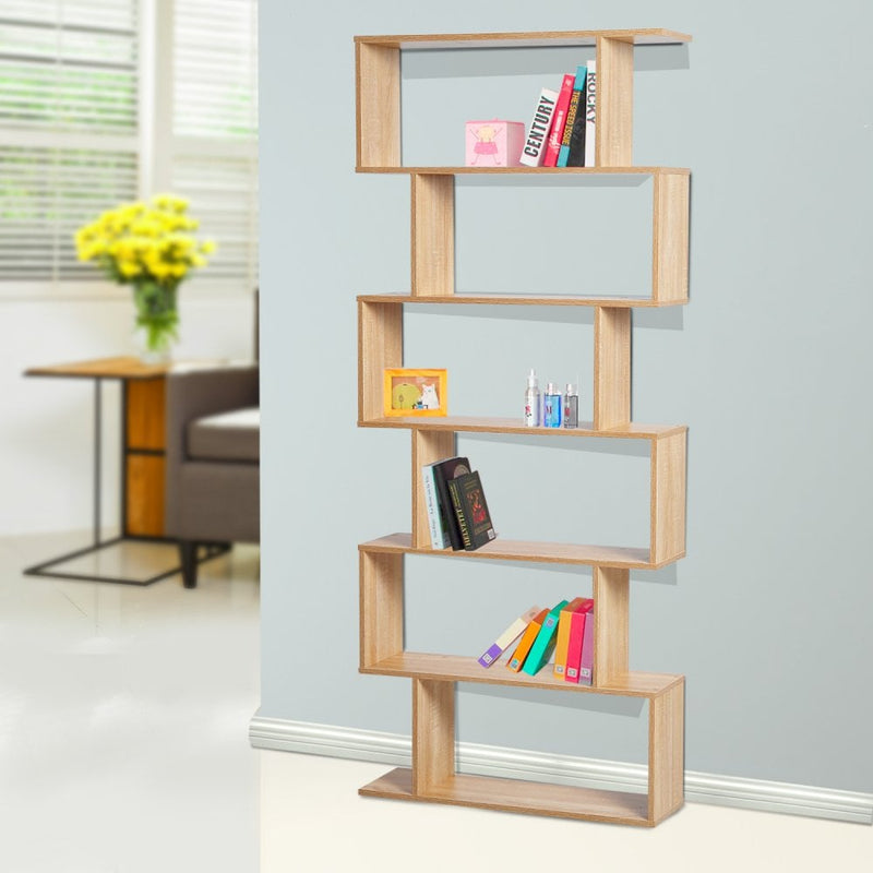 Wooden Wood S Shape Storage Display 6 Shelves Room Divider Unit Chest Bookshelf Bookcase Cupboard Cabinet Home Office Furniture (Oak)