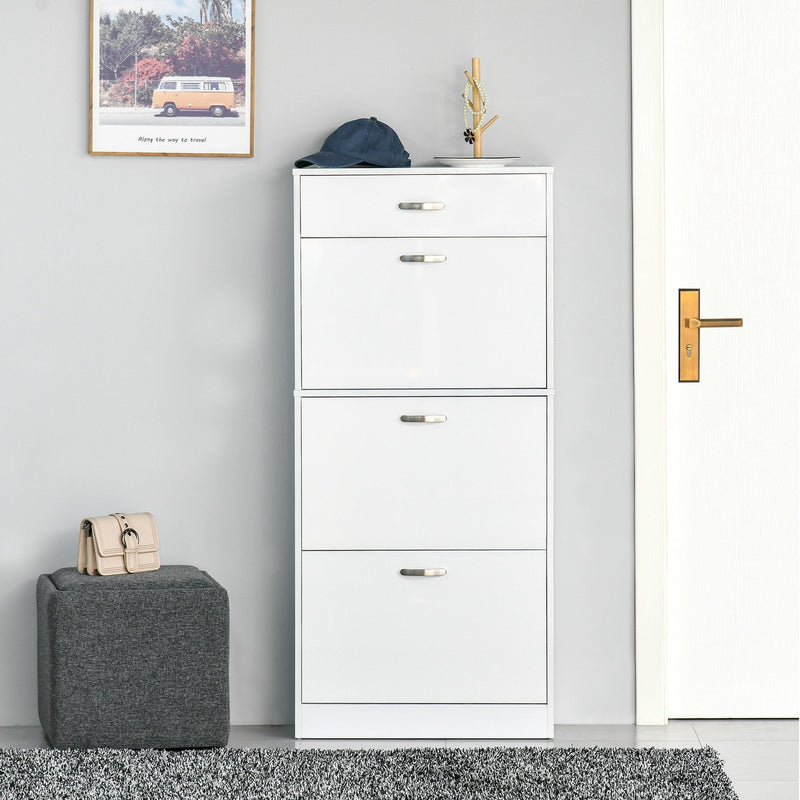 Shoe Cabinet with 4 Drawers Storage Cupboard with Flip Doors Pull Down Furniture Unit with Adjustable Shelves for 18 Pairs White Organizer