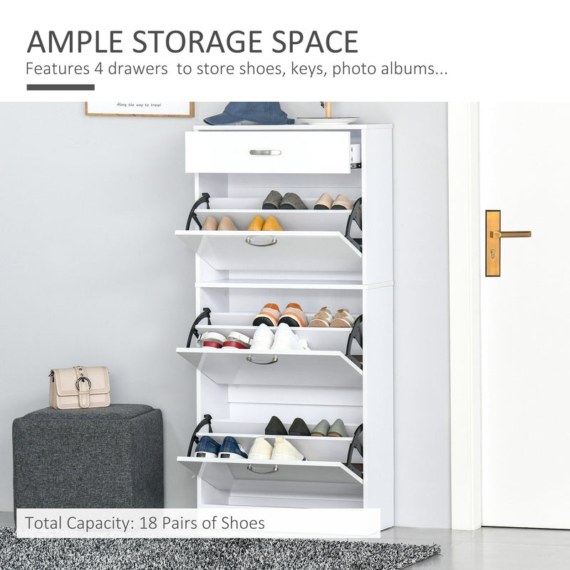 Shoe Cabinet with 4 Drawers Storage Cupboard with Flip Doors Pull Down Furniture Unit with Adjustable Shelves for 18 Pairs White Organizer