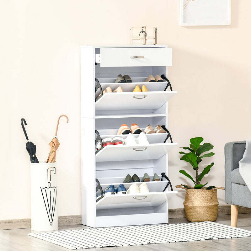 Shoe Cabinet with 4 Drawers Storage Cupboard with Flip Doors Pull Down Furniture Unit with Adjustable Shelves for 18 Pairs White Organizer