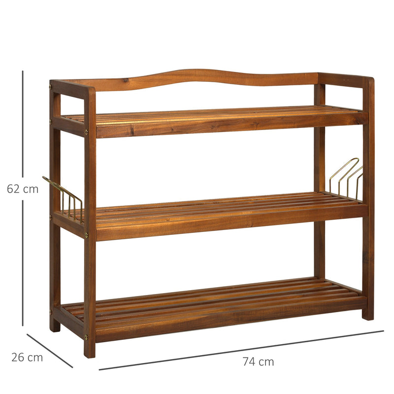 3-Tier Shoe Rack, Acacia Wooden Shoe Storage Organiser with 2 Hangers, Holds up to 12 Pairs, for Entryway, Living Room, 74 x 26 x 62 cm, Teak Shelf Bedroom