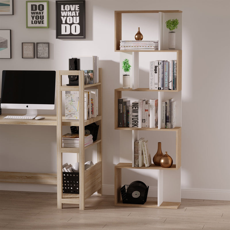 Bookcase, 5-tier, S Shape, Particle Board-White