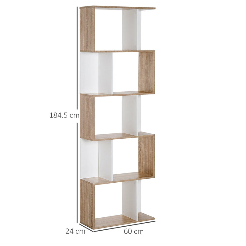 Bookcase, 5-tier, S Shape, Particle Board-White