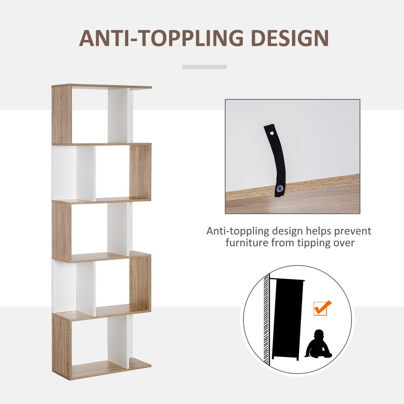 Bookcase, 5-tier, S Shape, Particle Board-White