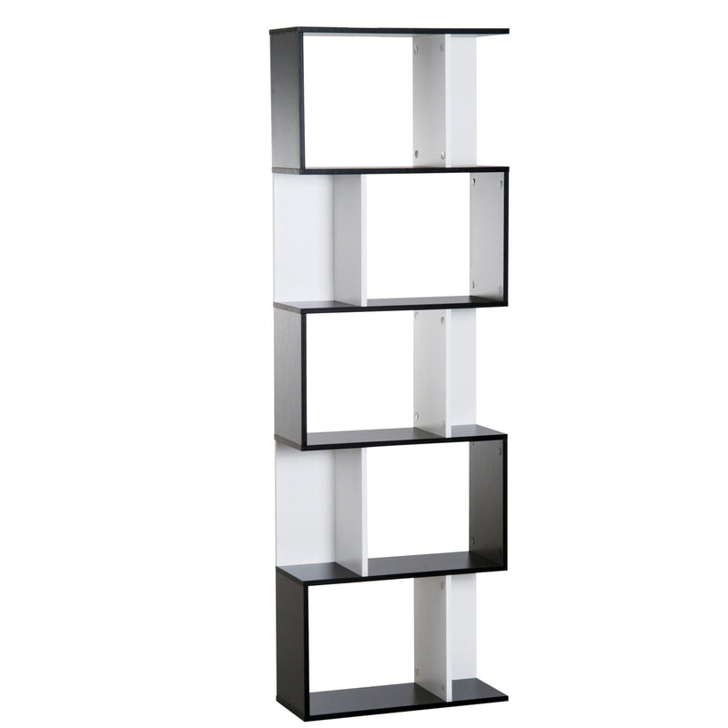 Particle Board 5-tier Bookcase Storage Display Shelving S Shape design Unit Divider Black