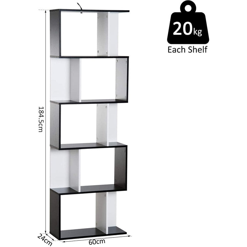 Particle Board 5-tier Bookcase Storage Display Shelving S Shape design Unit Divider Black