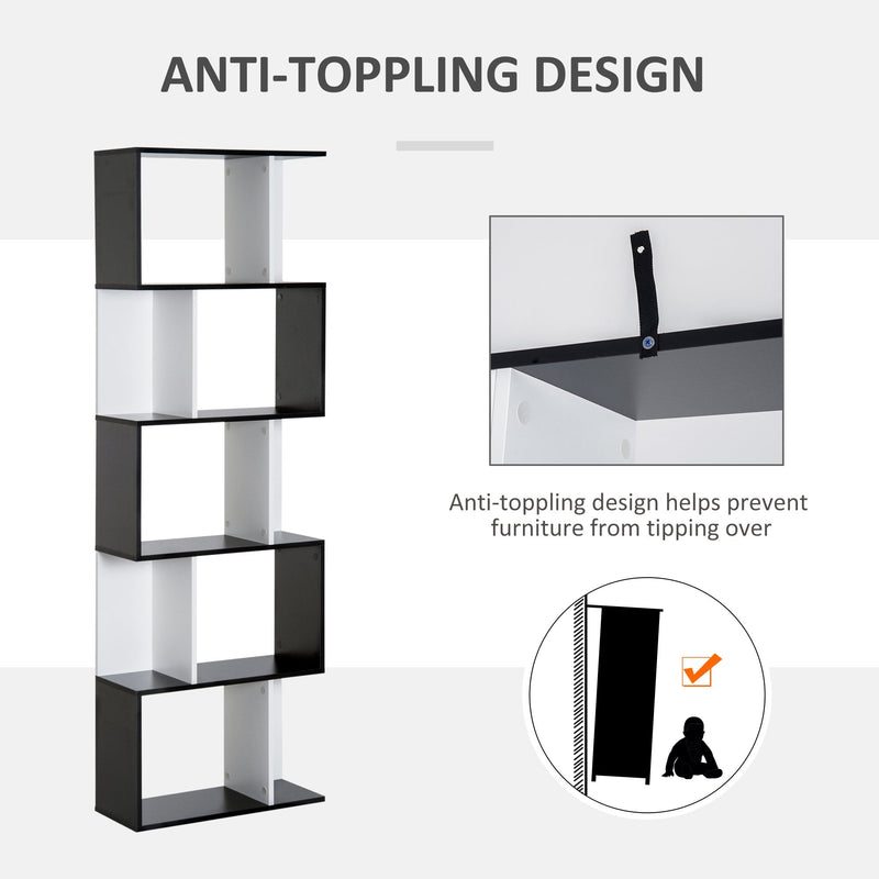 Particle Board 5-tier Bookcase Storage Display Shelving S Shape design Unit Divider Black