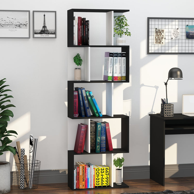 Particle Board 5-tier Bookcase Storage Display Shelving S Shape design Unit Divider Black