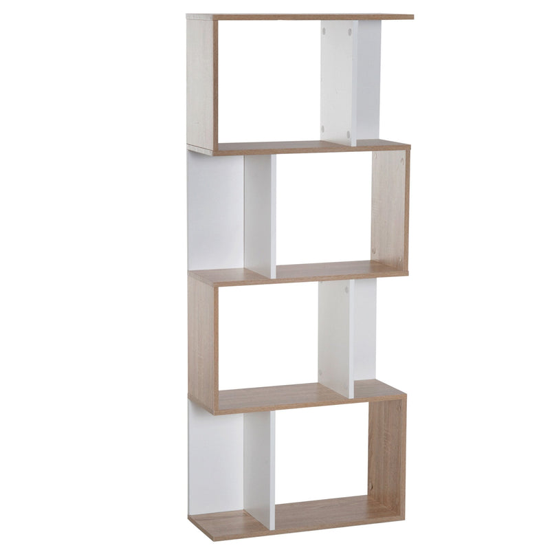 Bookcase, 4-tier, S Shape Particle Board-White/Oak