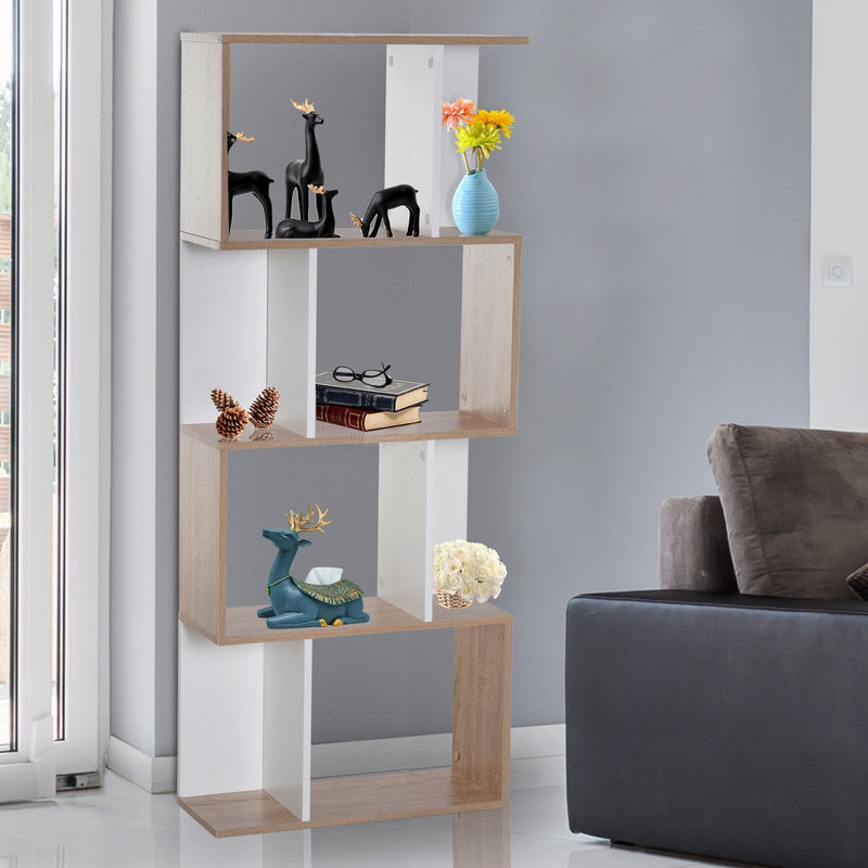 Bookcase, 4-tier, S Shape Particle Board-White/Oak