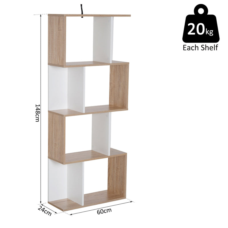 Bookcase, 4-tier, S Shape Particle Board-White/Oak
