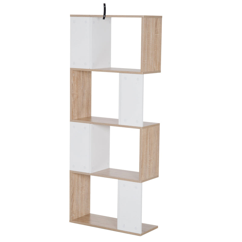 Bookcase, 4-tier, S Shape Particle Board-White/Oak