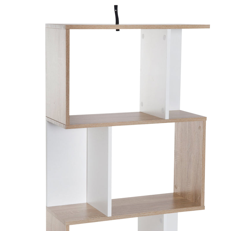Bookcase, 4-tier, S Shape Particle Board-White/Oak