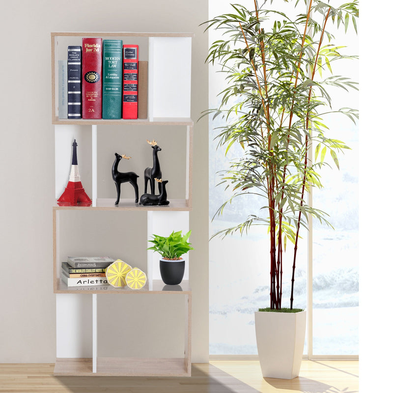 Bookcase, 4-tier, S Shape Particle Board-White/Oak