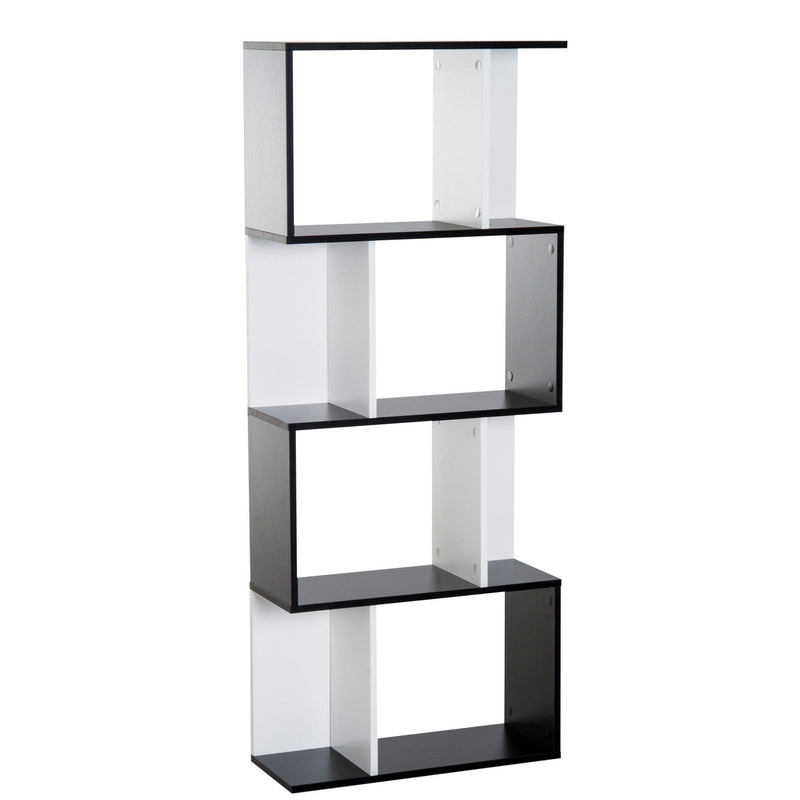 Bookcase, 4-tier, S Shape Particle Board-White/Black