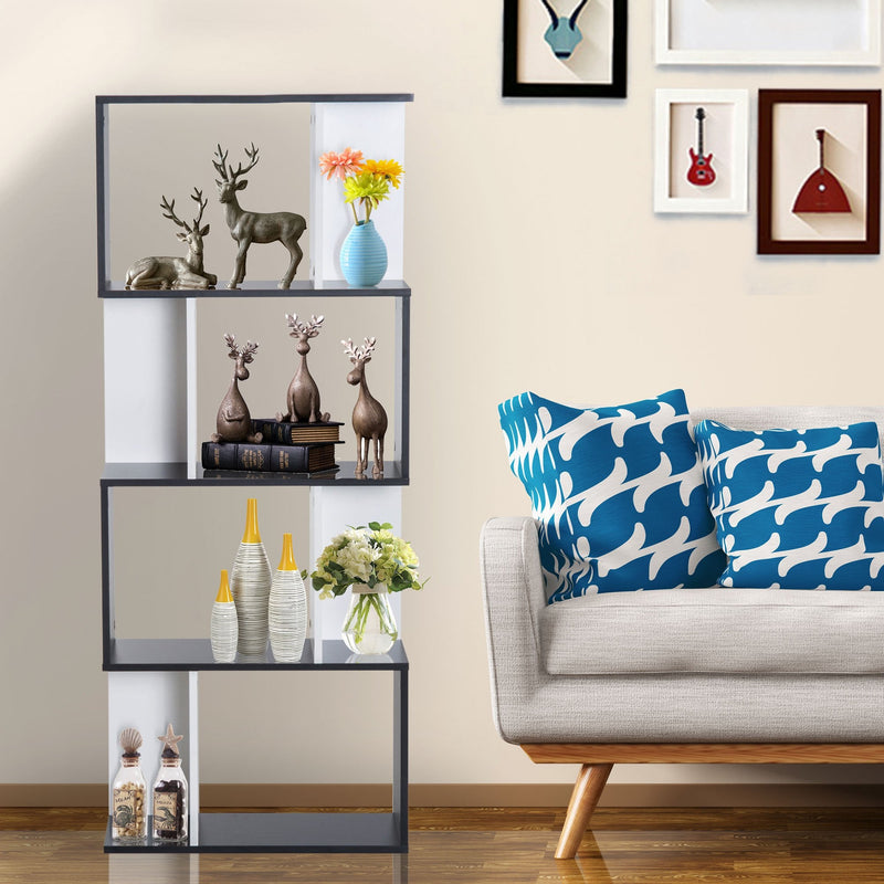 Bookcase, 4-tier, S Shape Particle Board-White/Black