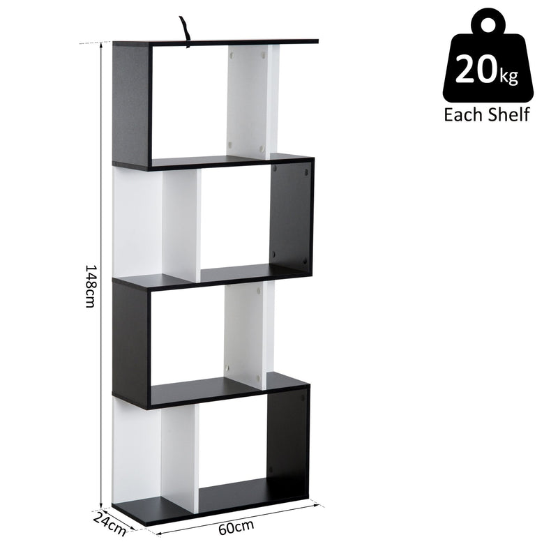 Bookcase, 4-tier, S Shape Particle Board-White/Black