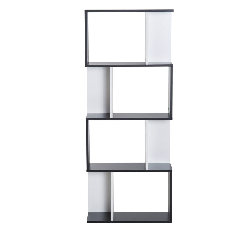 Bookcase, 4-tier, S Shape Particle Board-White/Black