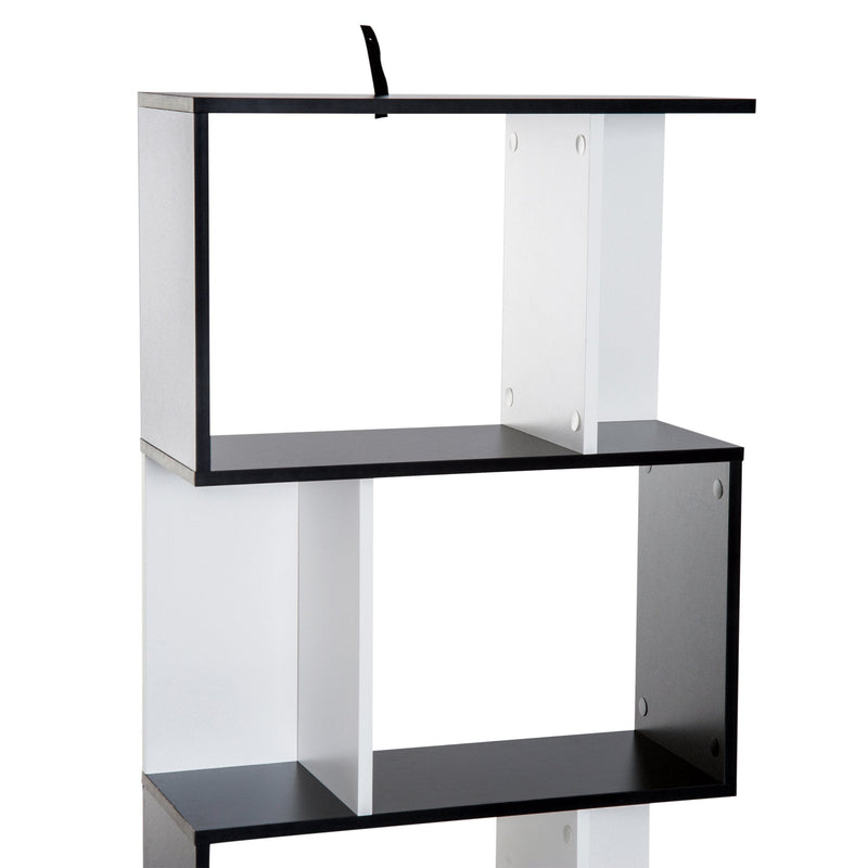 Bookcase, 4-tier, S Shape Particle Board-White/Black