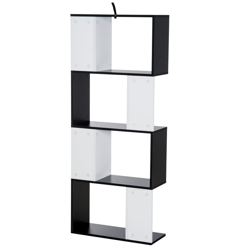 Bookcase, 4-tier, S Shape Particle Board-White/Black