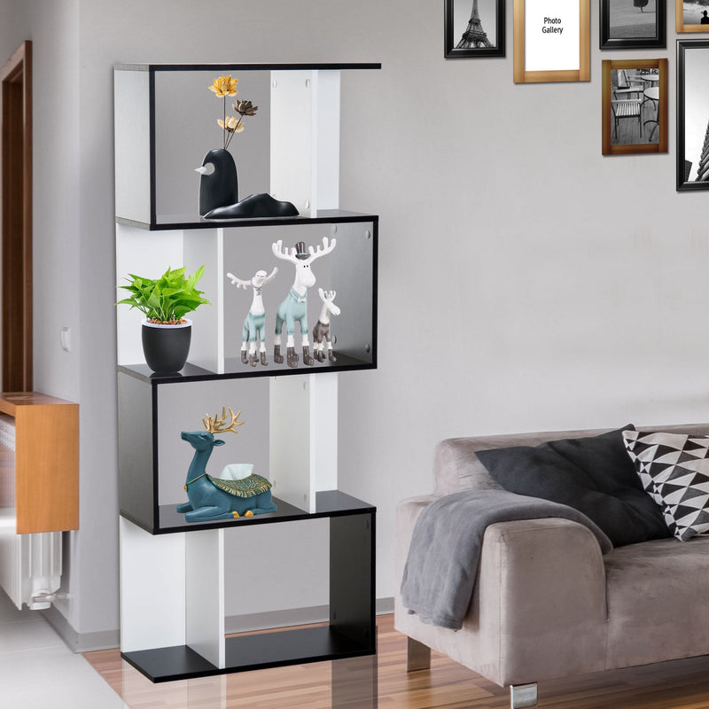 Bookcase, 4-tier, S Shape Particle Board-White/Black